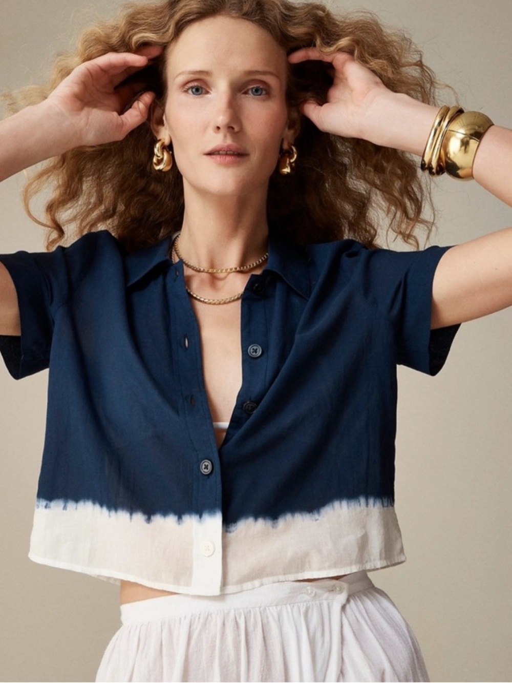J. Crew Dip-Dyed Gamine Short Sleeve Cotton Button Down Shirt 2024 Blue White 4